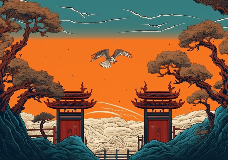山门晚霞白鸽夕阳中国风国潮古典复古插画,插画/手绘图,插画/手绘图库,插画/手绘图下载,插画/手绘